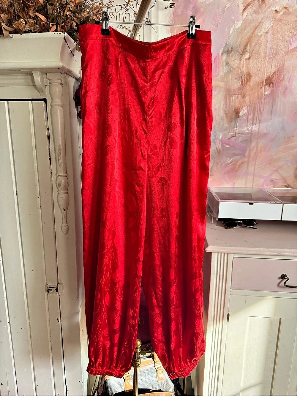 RONNY KOBO Floral Wide-Leg Pants in Red Size Large Like New